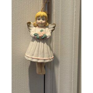 Vintage Homco Ceramic Bell Angel Christmas Ornament With Gold Wings & Pink Roses